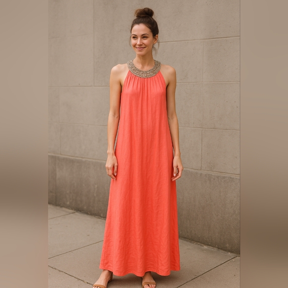 120%‎ Lino Maxi Dress Linen Coral Beaded Neck size 42 (Small) - Picture 1 of 9